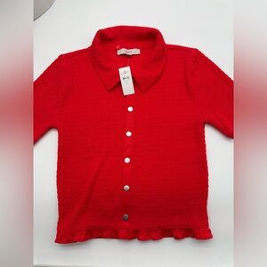 Women’s LOFT Smocked Ruffle Hem Button Down Corazon Red Short Sleeve Shirt MWT